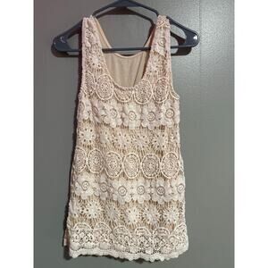 Boho Crochet Lace Tank Top Cream Floral Overlay Sleeveless Tunic Small Medium